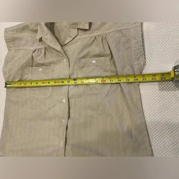 Vintage Linnay stripe boxy cap sleeve button down blouse pockets cream/white - Picture 7 of 10